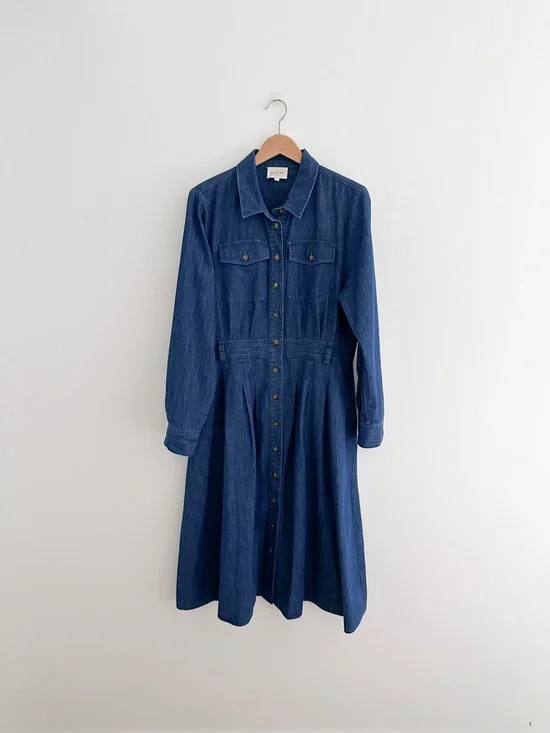 Sezane Gwen Denim Dress Organic Cotton Button Front Midi French Girl Classic 12 - Picture 4 of 11